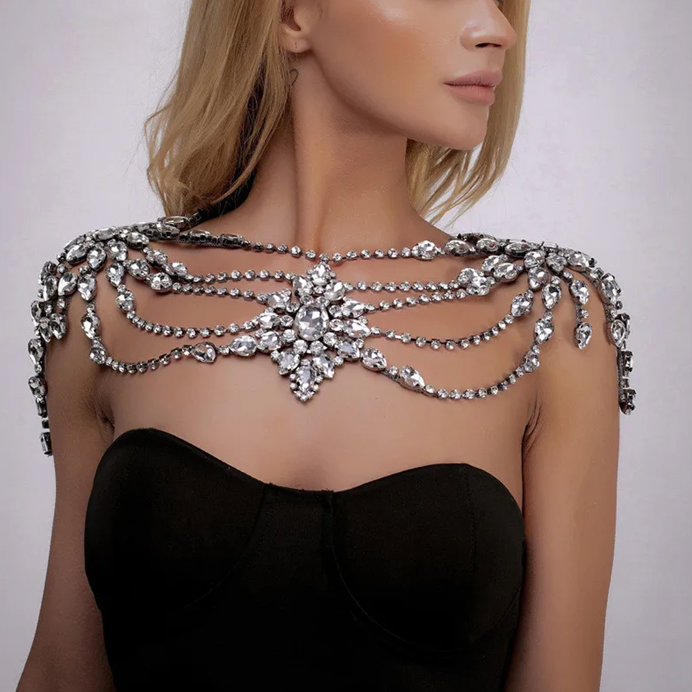 Pearl Trim Chain - Boho Crystal Bridal Shoulder Chain Necklace